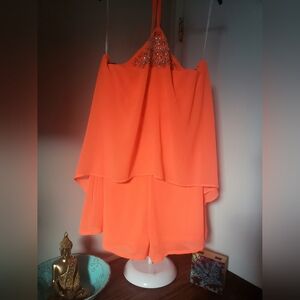 NWT Orange Halter Romper with Beaded Neckline Ladies Large NWT